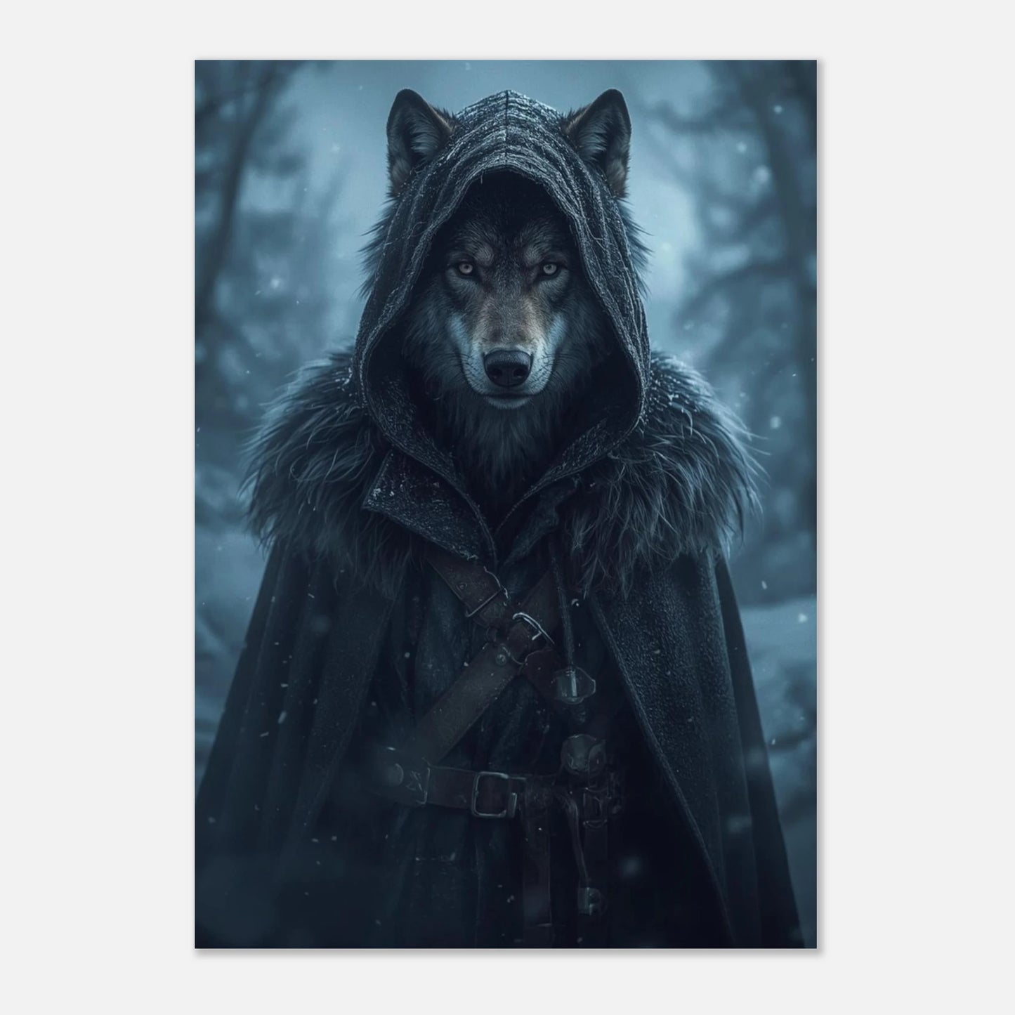 Majestätisk varg i mörkgrå fantasy-utrustning omgiven av snöfall – poster