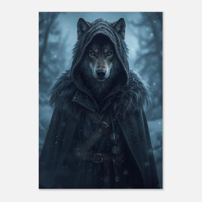 Majestätisk varg i mörkgrå fantasy-utrustning omgiven av snöfall – poster