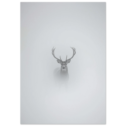 Kronhjort med stora horn i tät vit dimma – minimalistisk fotoposter