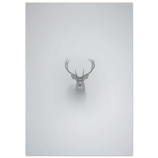 Kronhjort med stora horn i tät vit dimma – minimalistisk fotoposter