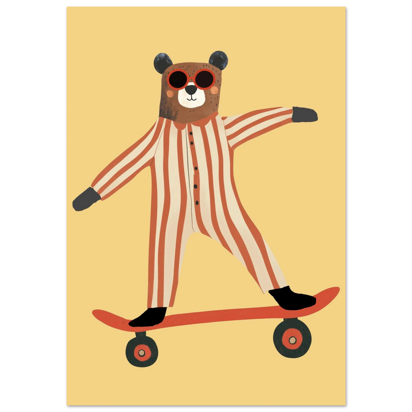 Skateboardåkande brunbjörn i rödvitrandig pyjamas mot varmgul bakgrund – lekfull barnposter