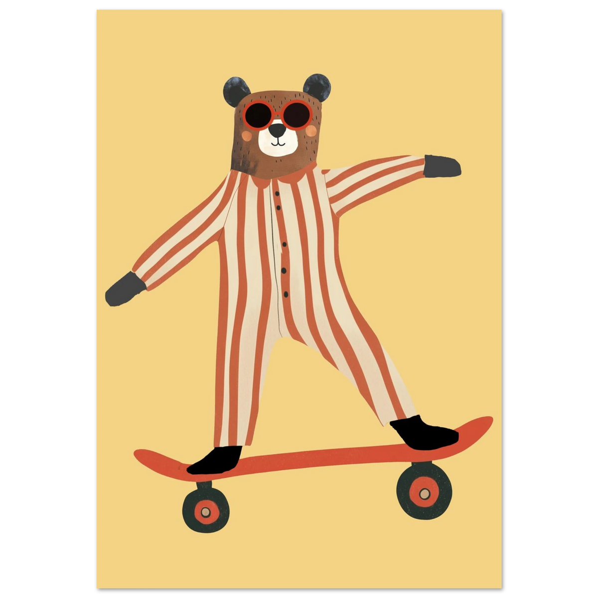 Skateboardåkande brunbjörn i rödvitrandig pyjamas mot varmgul bakgrund – lekfull barnposter