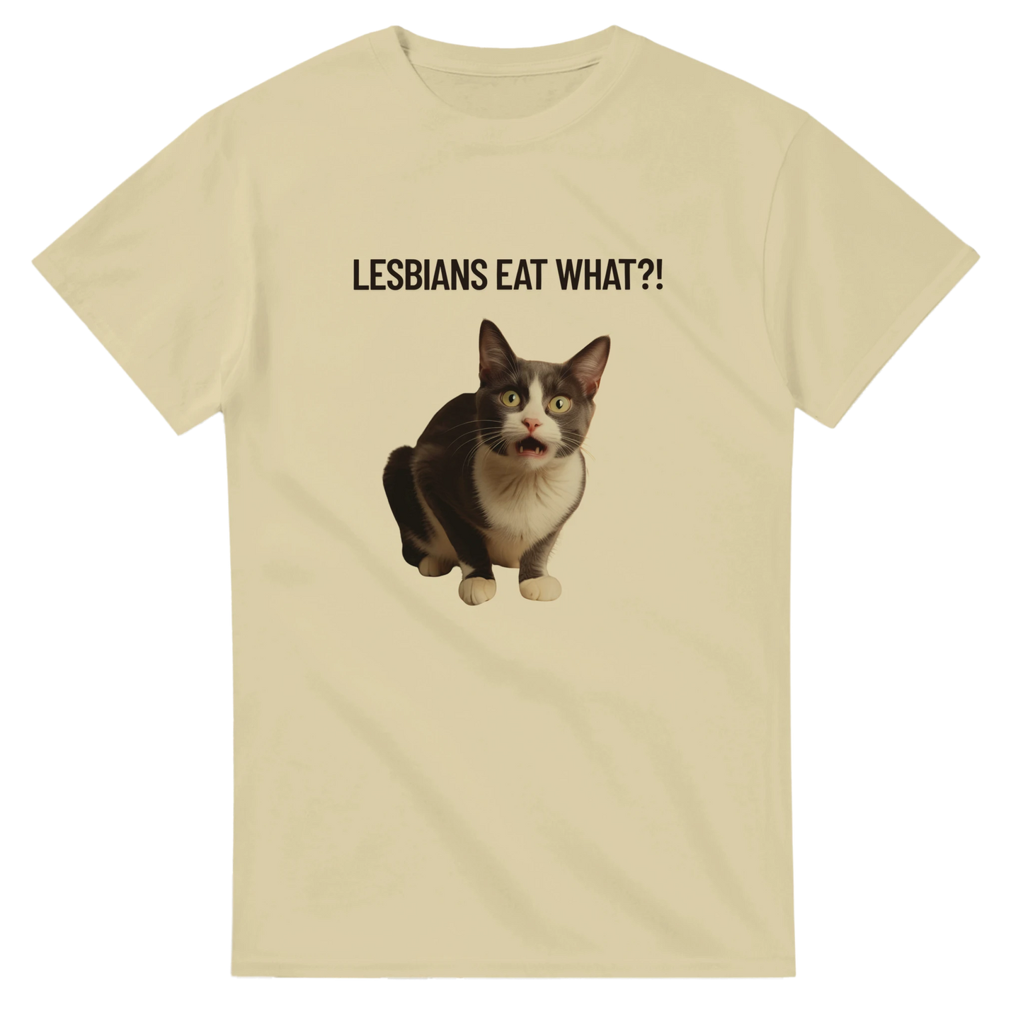 Beige t-shirt med humoristiskt kattmotiv föreställande en chockad huskatt