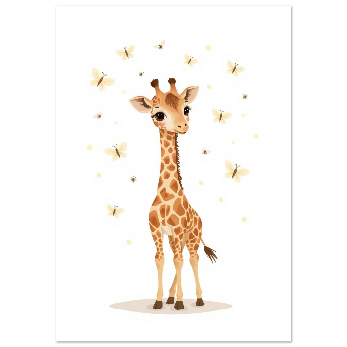 Söt illustrerad giraff med gula fjärilar på vit bakgrund – barnposter