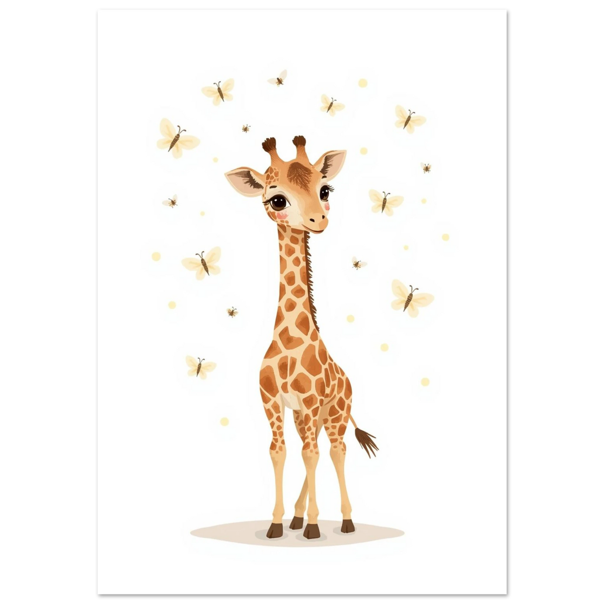 Söt illustrerad giraff med gula fjärilar på vit bakgrund – barnposter