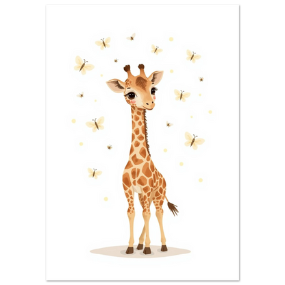 Söt illustrerad giraff med gula fjärilar på vit bakgrund – barnposter