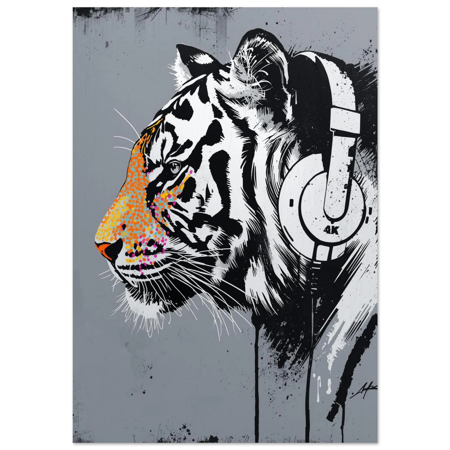Tiger med hörlurar i urban street art-stil – grafisk djurposter