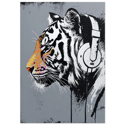 Tiger med hörlurar i urban street art-stil – grafisk djurposter