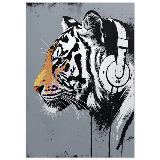 Tiger med hörlurar i urban street art-stil – grafisk djurposter