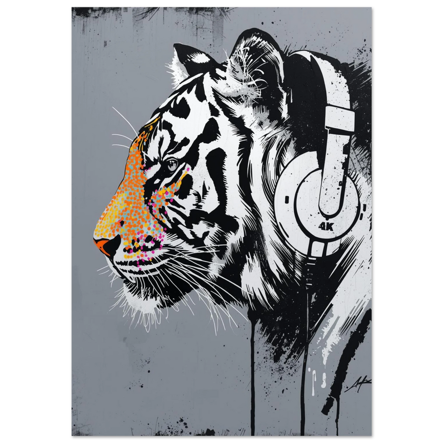 Tiger med hörlurar i urban street art-stil – grafisk djurposter