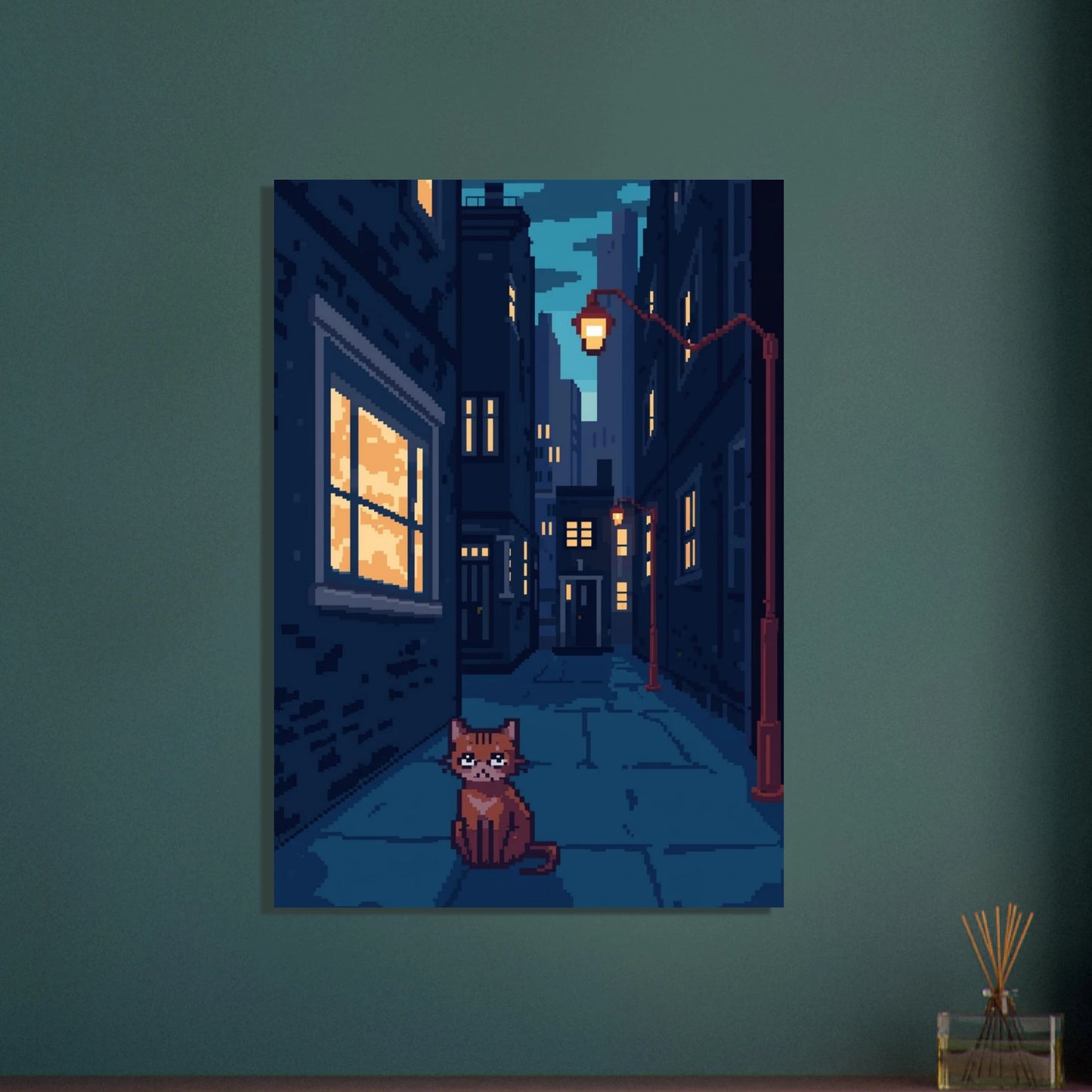 Pixelkonstkatt i mörk gränd med lysande fönster, mysig stämning.