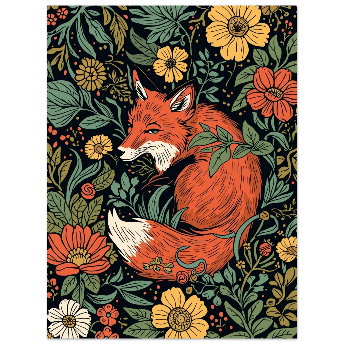 Vintage-inspirerad tavla med räv och botaniska detaljer på mörk bakgrund