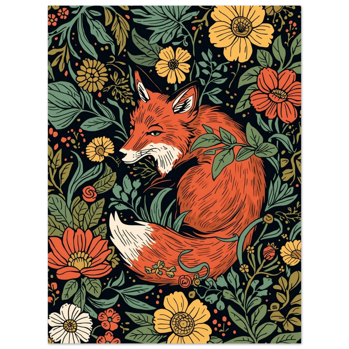 Vintage-inspirerad tavla med räv och botaniska detaljer på mörk bakgrund