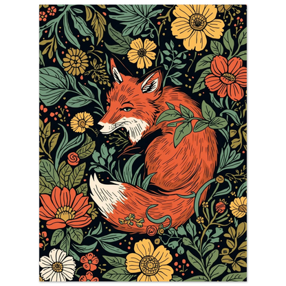 Vintage-inspirerad tavla med räv och botaniska detaljer på mörk bakgrund