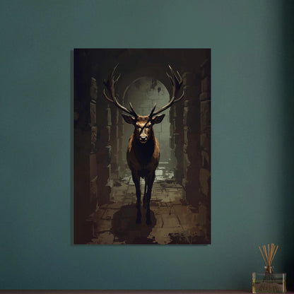 Majestätisk hjort med stora horn i uråldriga ruiner, mystisk stämning.