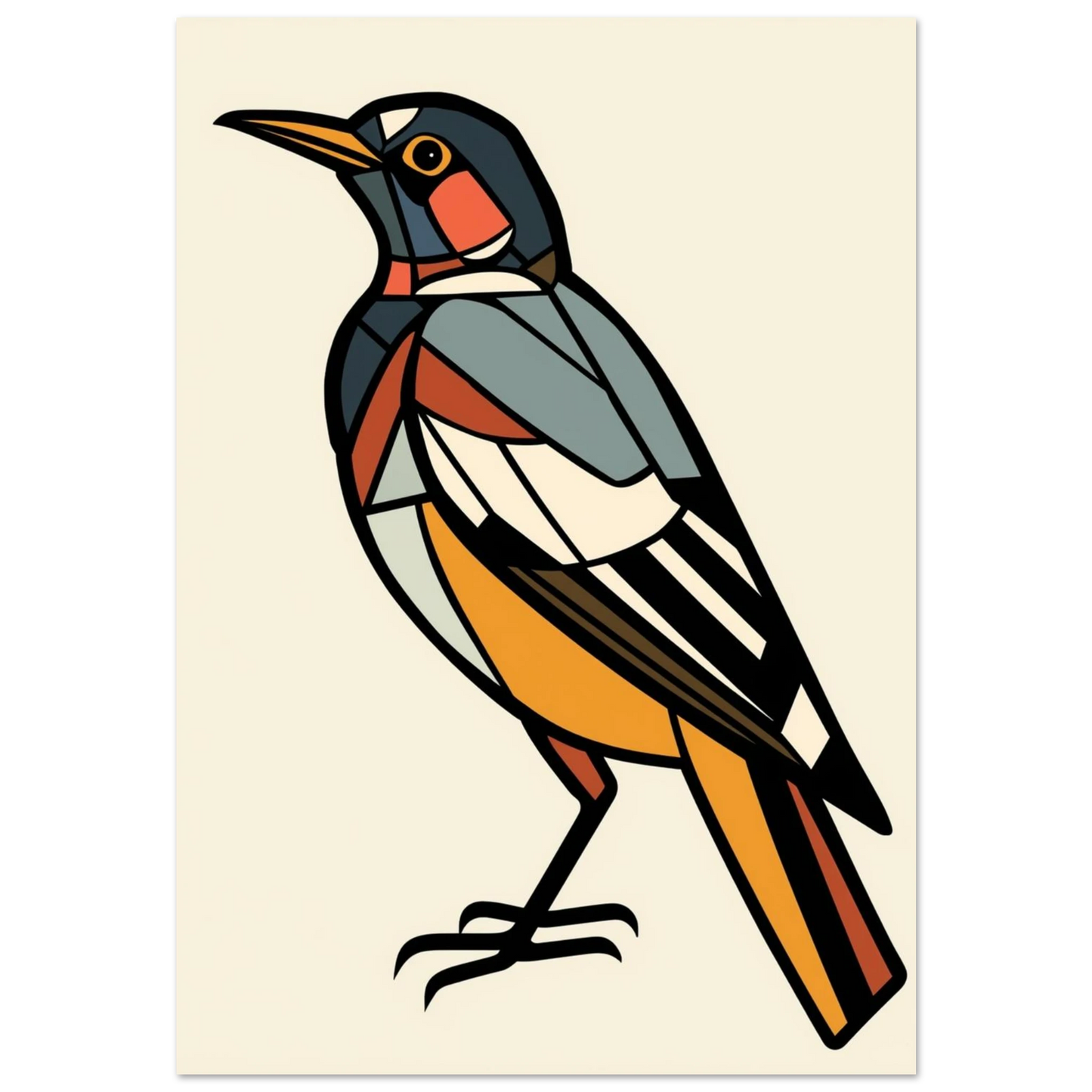 Kubistisk fågelposter med orange bröst och blå vinge på beige bakgrund