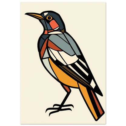 Kubistisk fågelposter med orange bröst och blå vinge på beige bakgrund