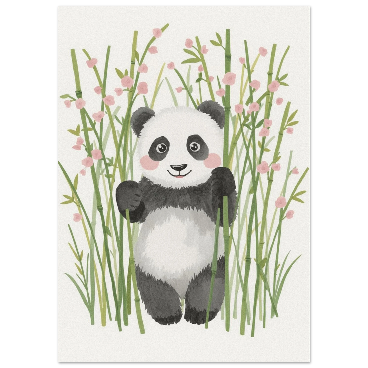 Lekfull pandaposter i mjuk akvarellstil med dekorativa rosa blomdetaljer