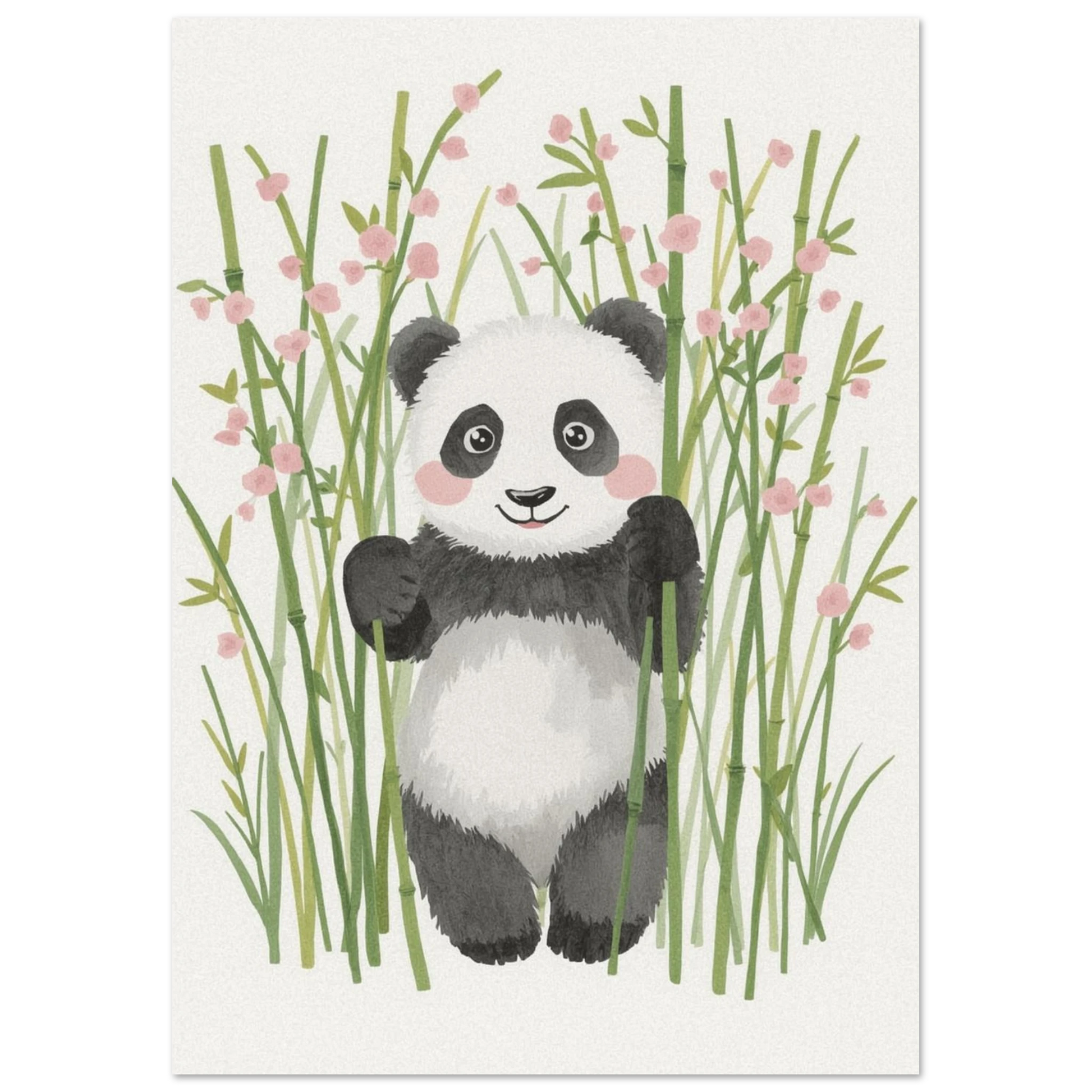 Lekfull pandaposter i mjuk akvarellstil med dekorativa rosa blomdetaljer