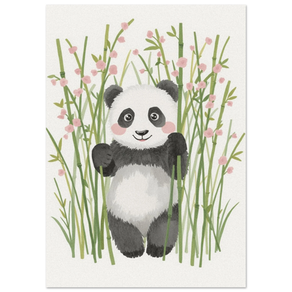 Lekfull pandaposter i mjuk akvarellstil med dekorativa rosa blomdetaljer
