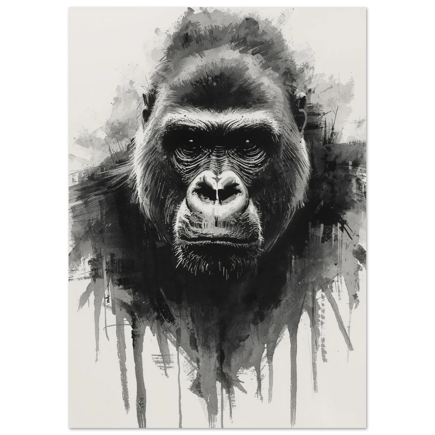 Konstnärlig djurposter föreställande en majestätisk gorilla i expressiv svartvit stil.