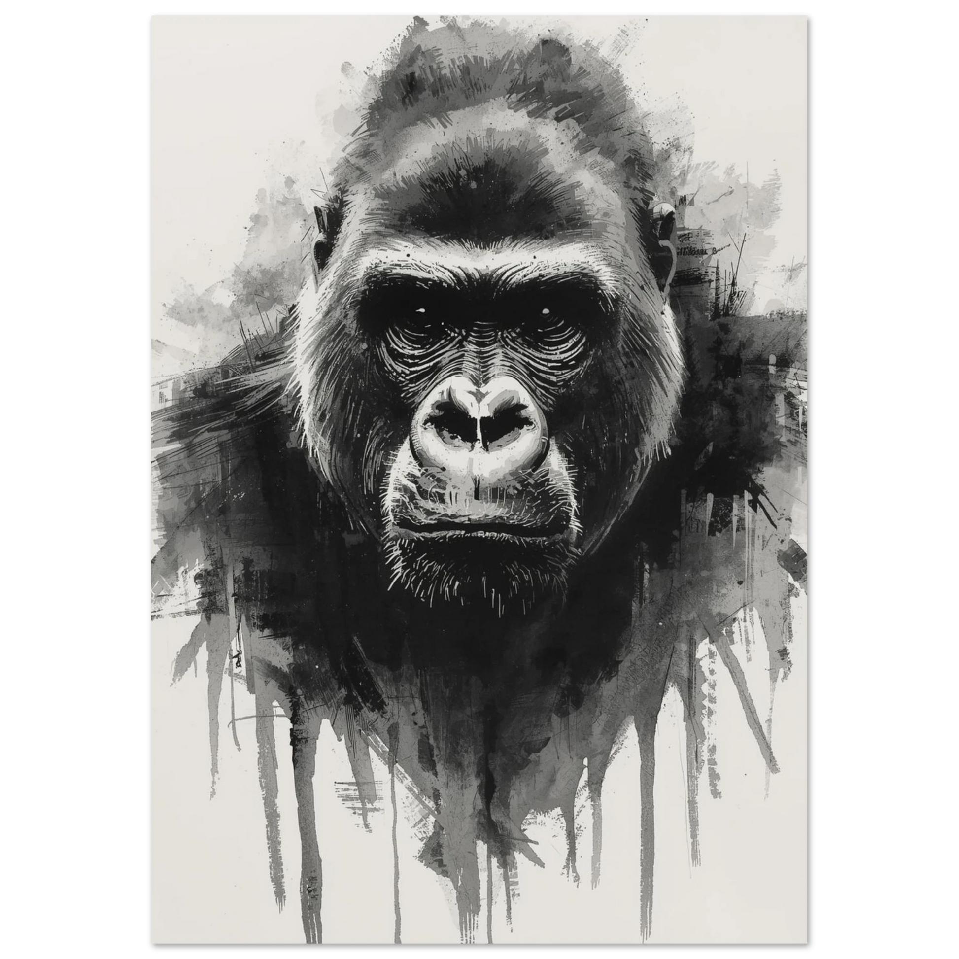 Konstnärlig djurposter föreställande en majestätisk gorilla i expressiv svartvit stil.