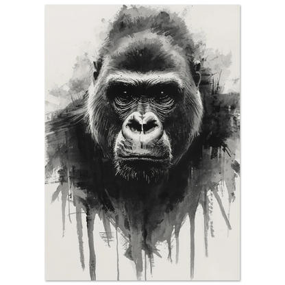 Konstnärlig djurposter föreställande en majestätisk gorilla i expressiv svartvit stil.