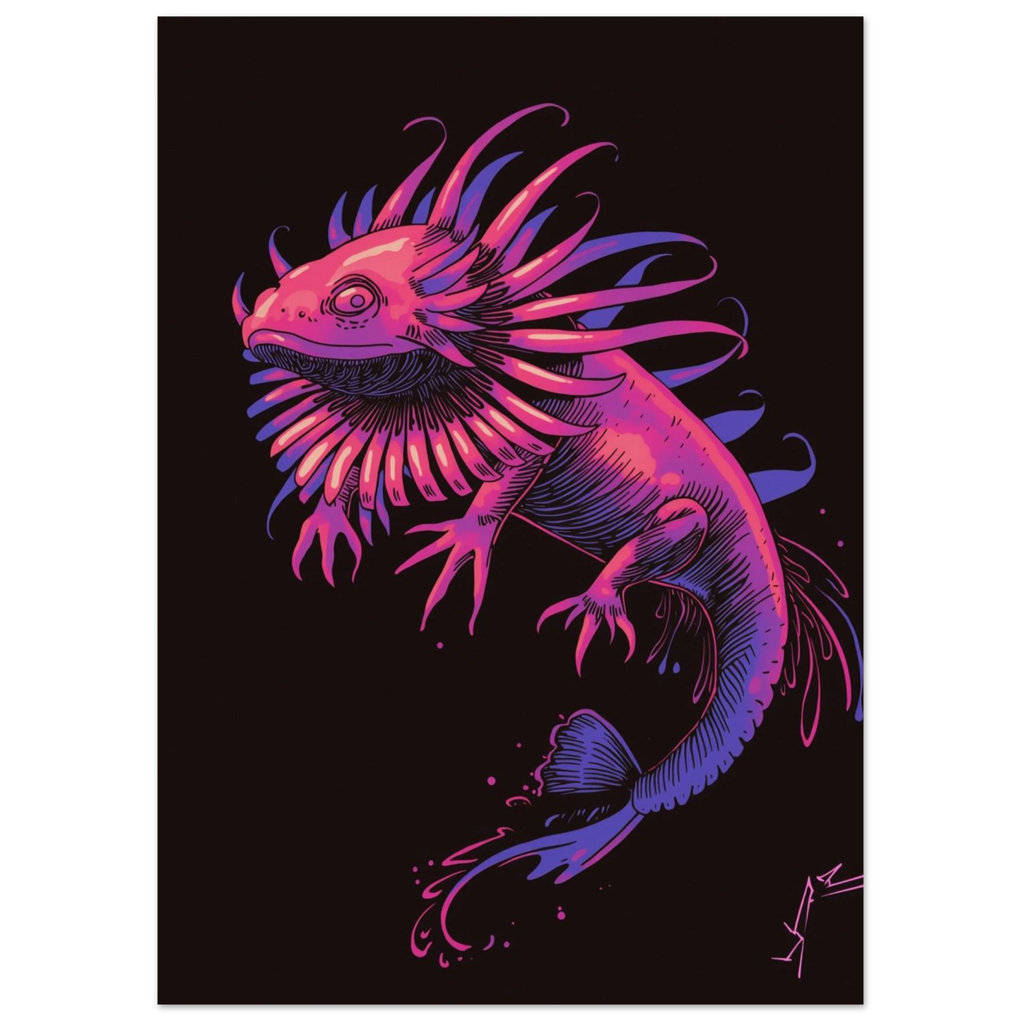 Detaljerad lila och rosa axolotl som svävar i mörkt tomrum