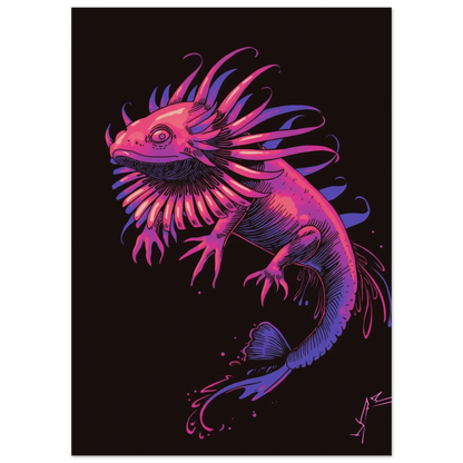Detaljerad lila och rosa axolotl som svävar i mörkt tomrum
