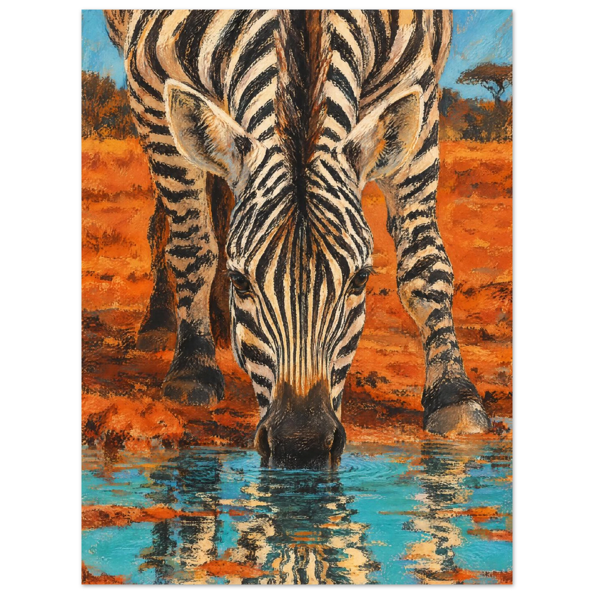 Zebra vid vattenhål speglad i turkost vatten i konstnärlig stil