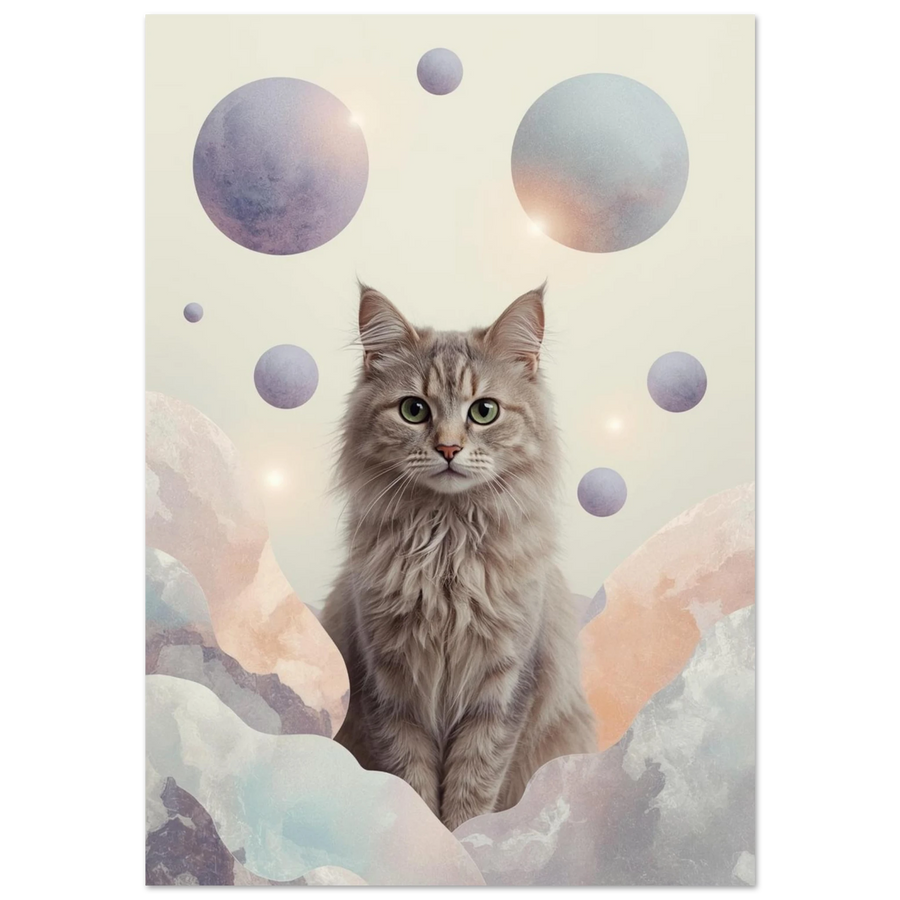 Långhårig grå katt omgiven av lila sfärer – surrealistisk djurposter