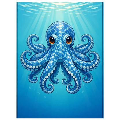 Illustration av en blå bläckfisk som simmar i djupt vatten – print
