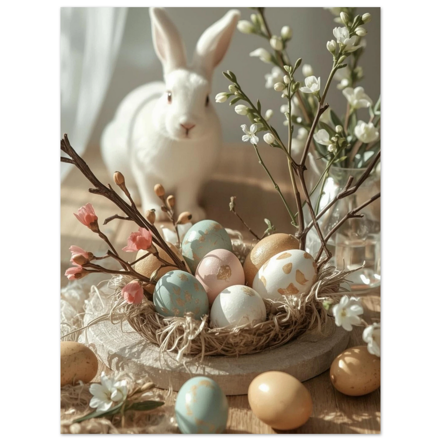Detaljbild på fågelbo med målade ägg och en vit kanin i bakgrunden – Fotorealistisk poster