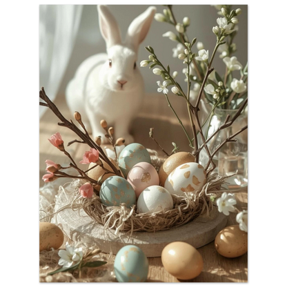 Detaljbild på fågelbo med målade ägg och en vit kanin i bakgrunden – Fotorealistisk poster