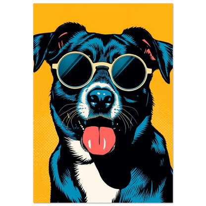 Cool svart hund med runda solglasögon i gul popkonst-stil