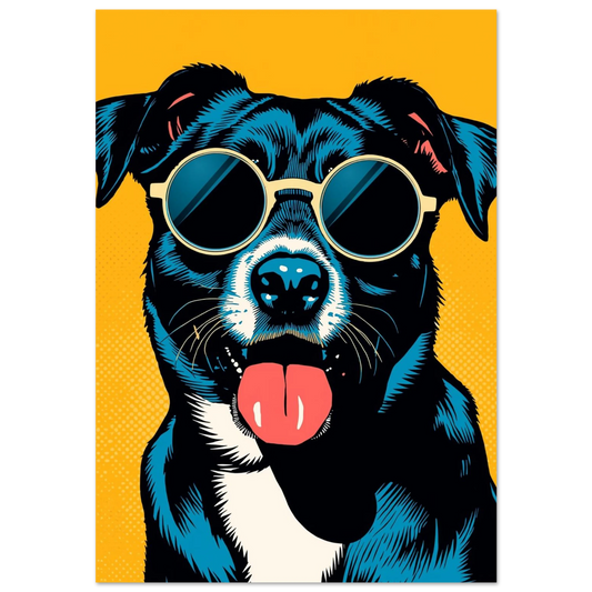Cool svart hund med runda solglasögon i gul popkonst-stil