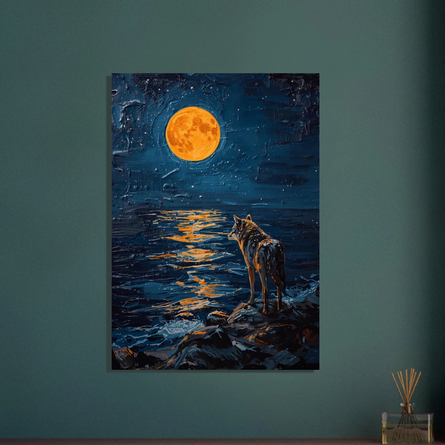 Varg vid vatten under fullmåne, impasto-målning, nattlig stämning