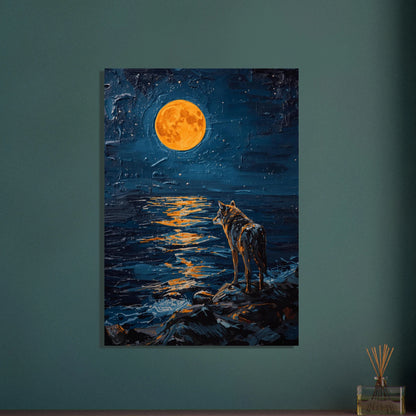 Varg vid vatten under fullmåne, impasto-målning, nattlig stämning