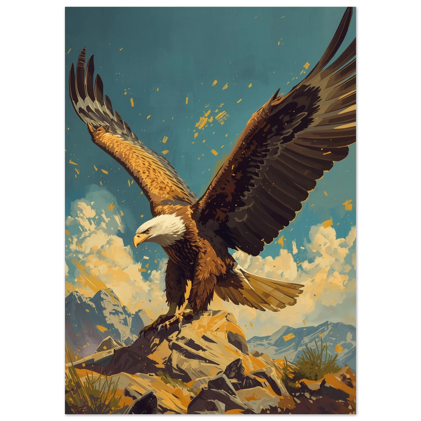 Majestätisk örn i bergslandskap med blå himmel, konstnärlig djurposter