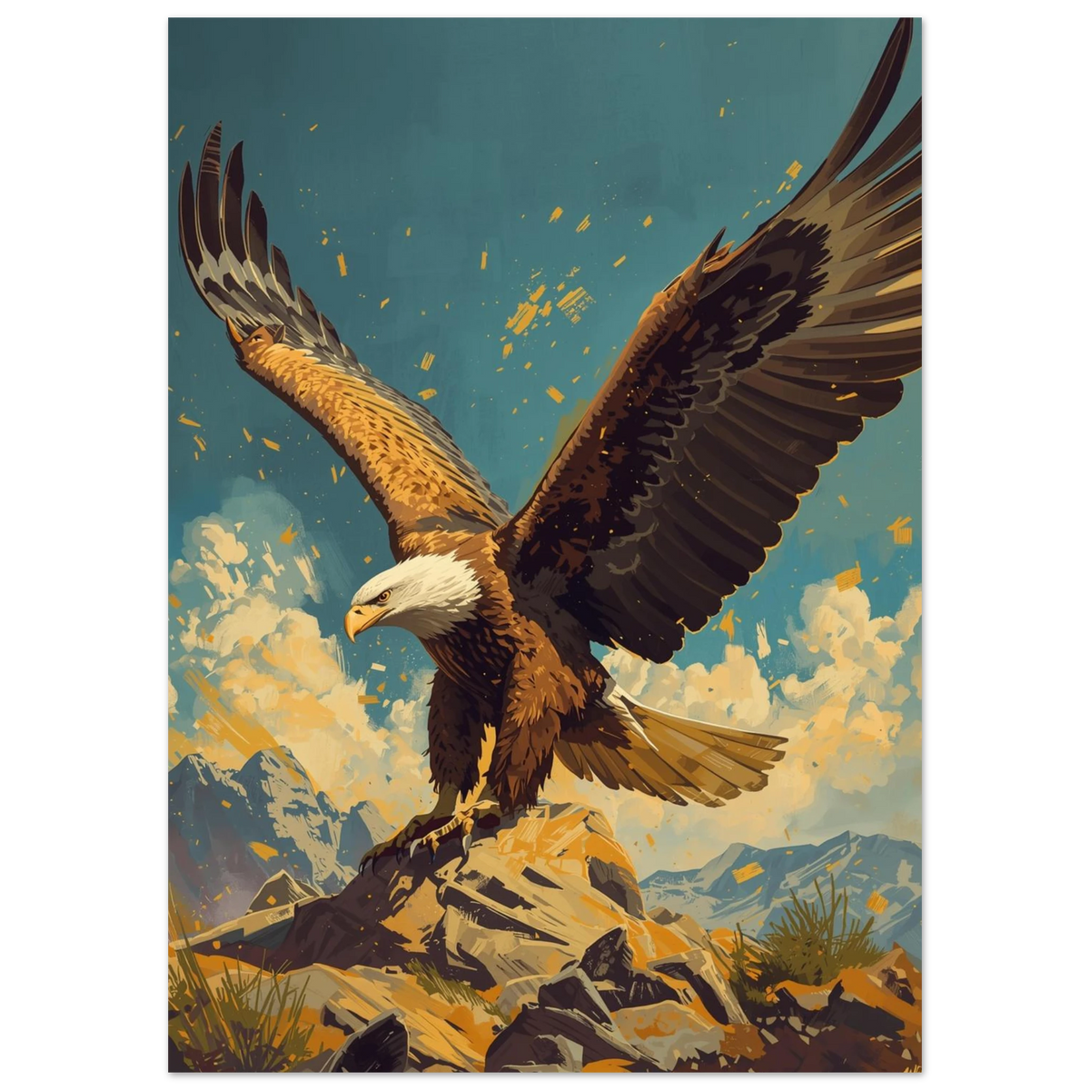 Majestätisk örn i bergslandskap med blå himmel, konstnärlig djurposter