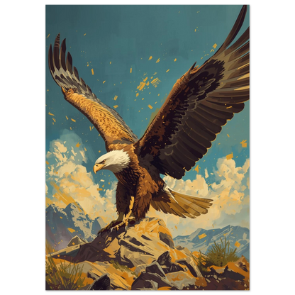 Majestätisk örn i bergslandskap med blå himmel, konstnärlig djurposter