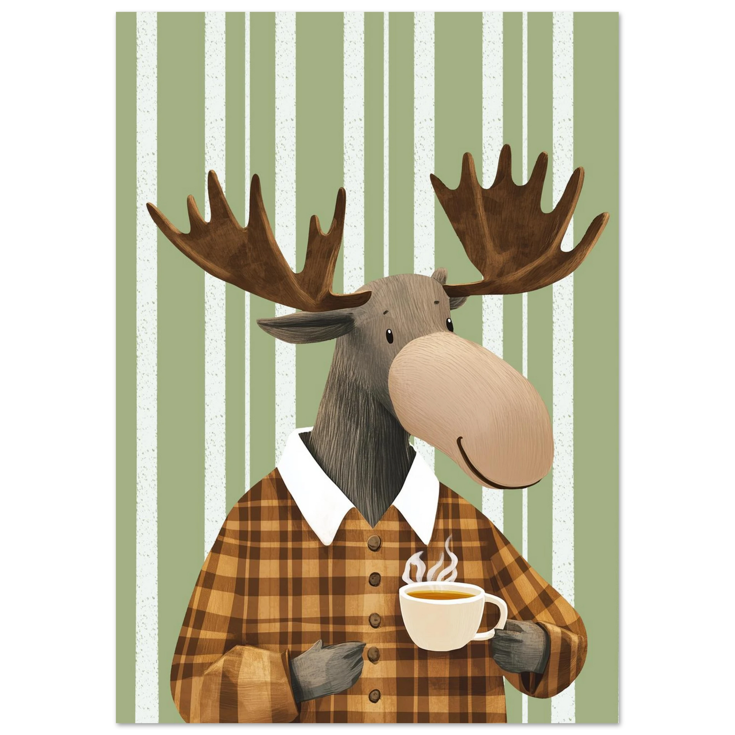 Tecknad älg i rutig skjorta som håller kaffekopp, sett från sidan – Tecknad poster