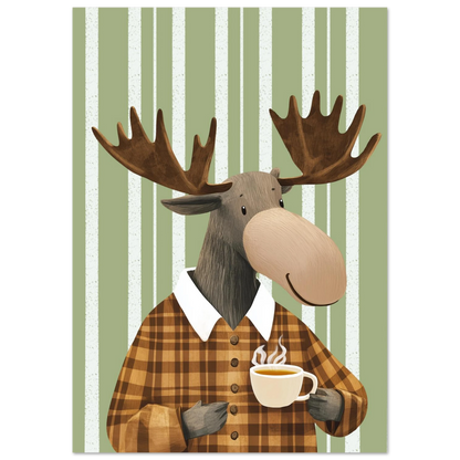Tecknad älg i rutig skjorta som håller kaffekopp, sett från sidan – Tecknad poster