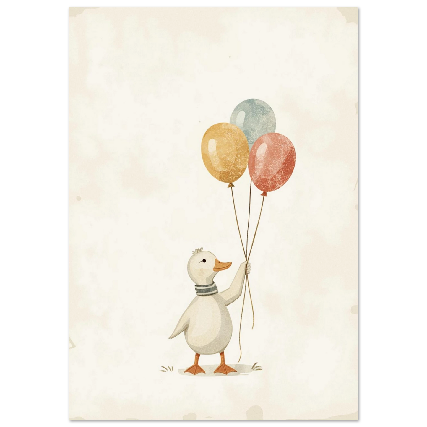 Vit anka med randig halsduk och tre färgglada ballonger på beige bakgrund