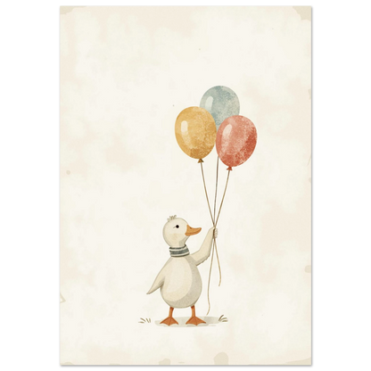 Vit anka med randig halsduk och tre färgglada ballonger på beige bakgrund