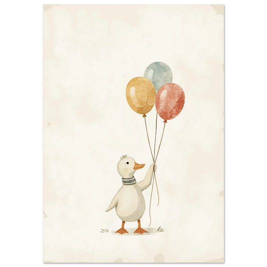 Vit anka med randig halsduk och tre färgglada ballonger på beige bakgrund