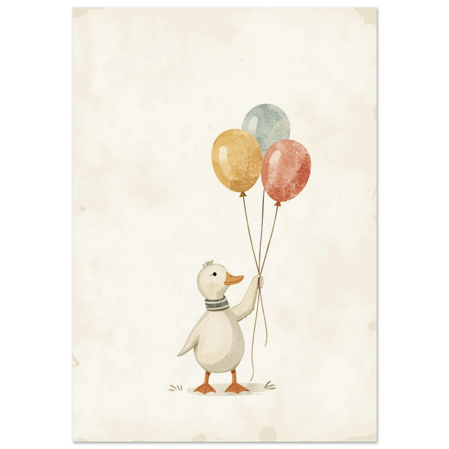 Vit anka med randig halsduk och tre färgglada ballonger på beige bakgrund