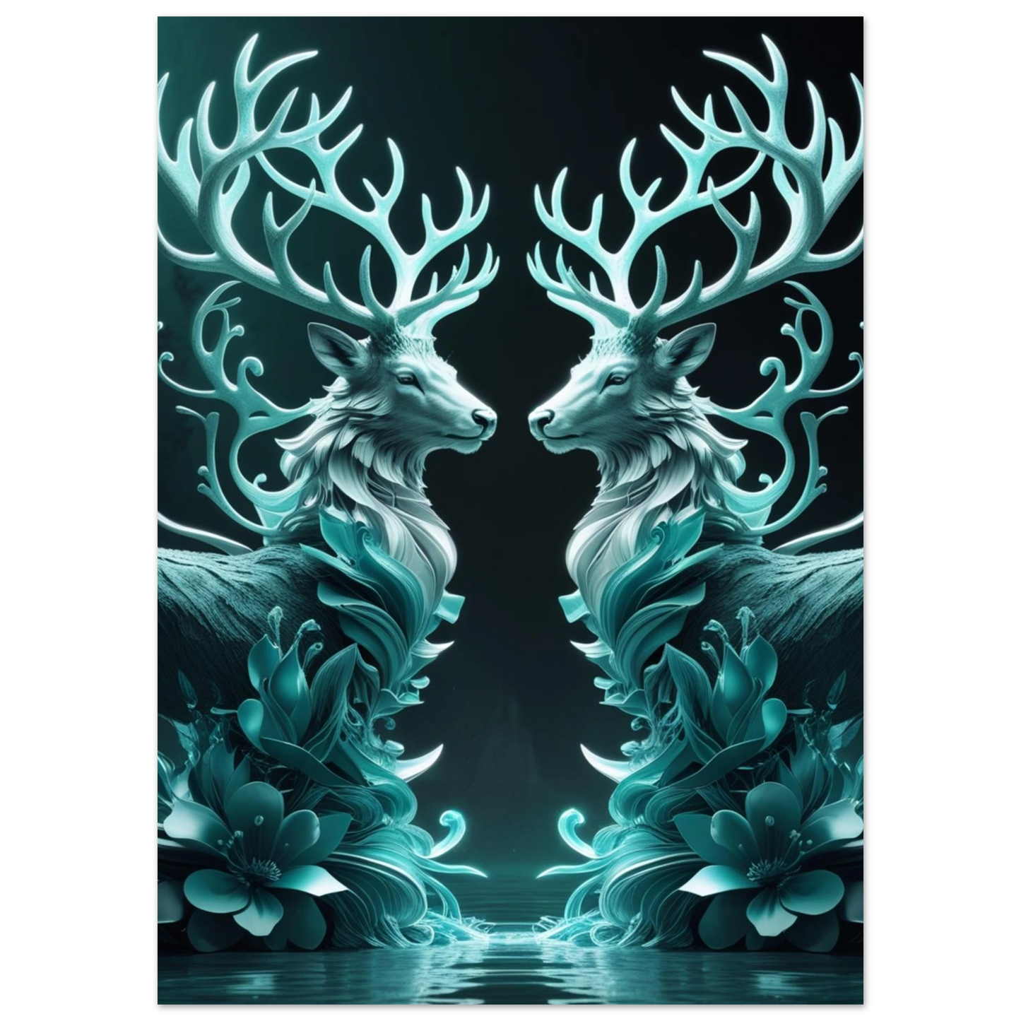 Symmetrisk illustration av två lysande hjortar i mörkblå eterisk miljö
