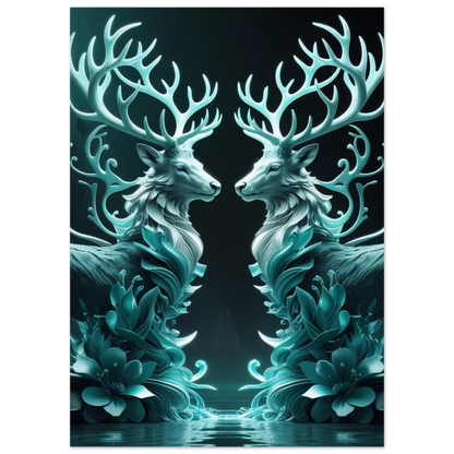 Symmetrisk illustration av två lysande hjortar i mörkblå eterisk miljö