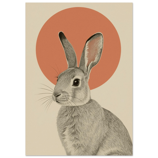Detaljrik kanin med en orange cirkel i bakgrunden – Retro poster